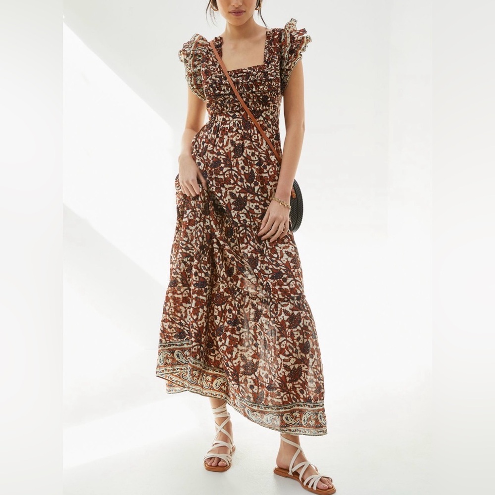 Anthropologie Love The Label 100% Cotton Mirabelle Ruffled Maxi Dress S Honey - Picture 3 of 11